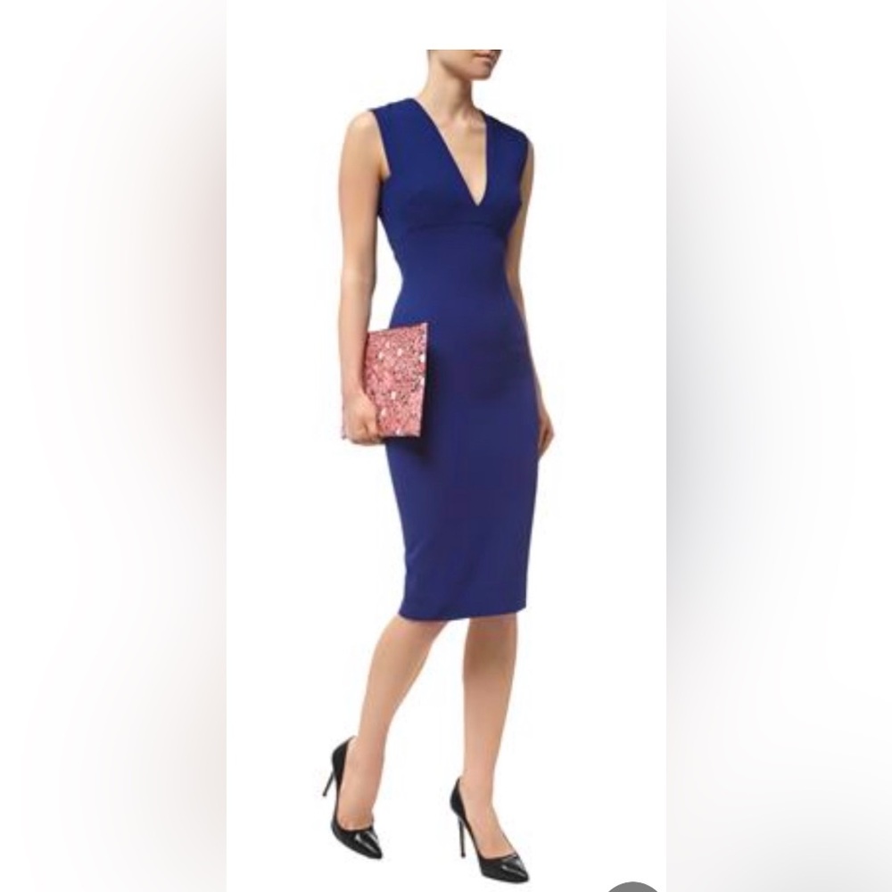 NEW Victoria Beckham Deep V Neck BLUE / BLACK MIDI Dress.$1250. Size S. Elegant